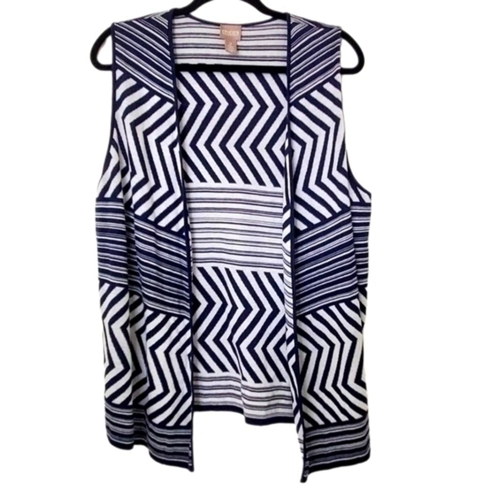 Chico's Navy & White Sleeveless Open Front Layering Cardigan Sweater Vest